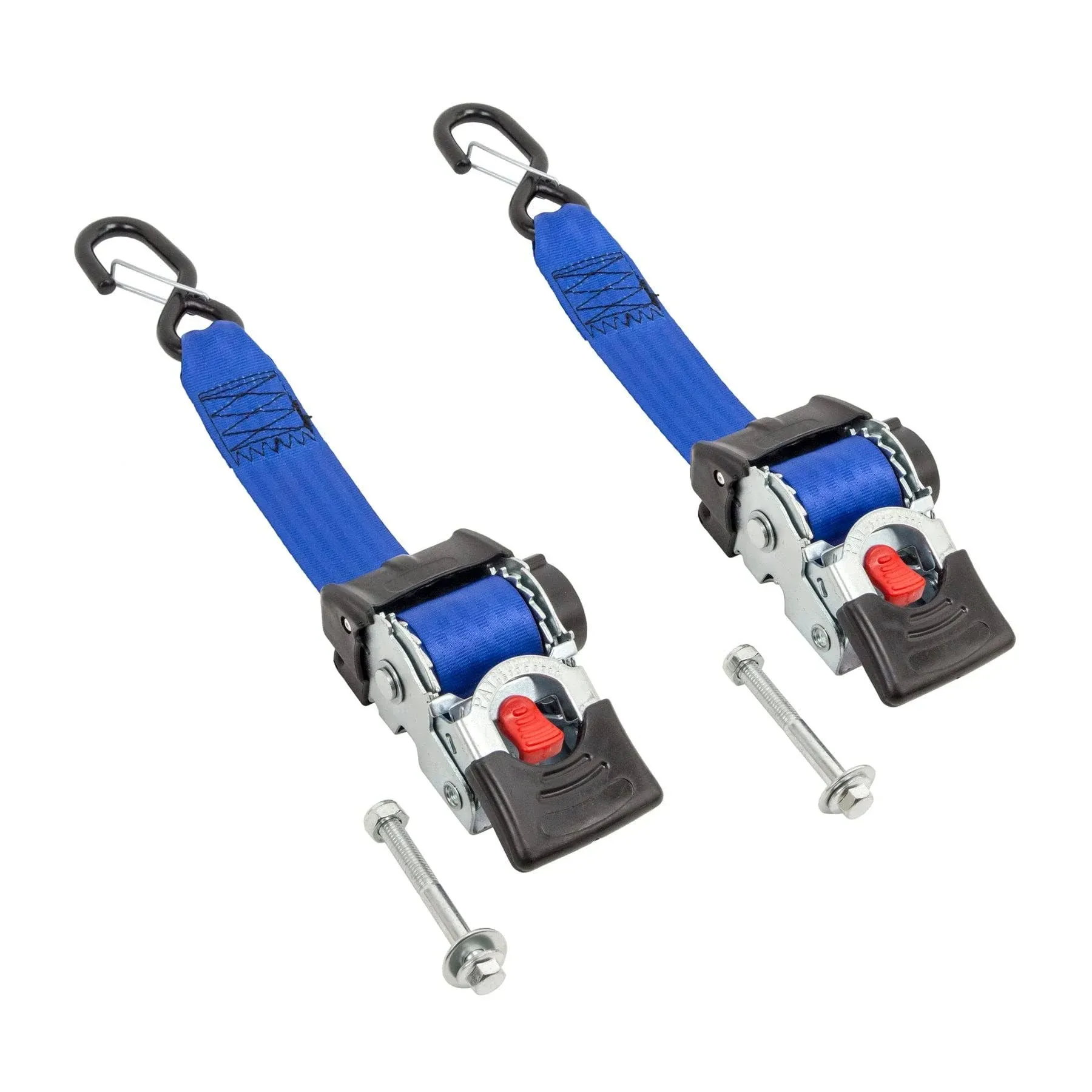 PowerTye 2in x 6ft Retractable Heavy-Duty Ratchet Tie-Downs with Latch Hook & MOUNTING Bolt - 800 lb Working Load Limit / 2,400 lb Breaking Strength - Blue (Pair)