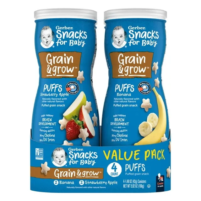 Gerber Snacks for Baby Grain & Grow, Banana/Strawberry Apple, Value Pack - 4 pack, 1.48 oz canister