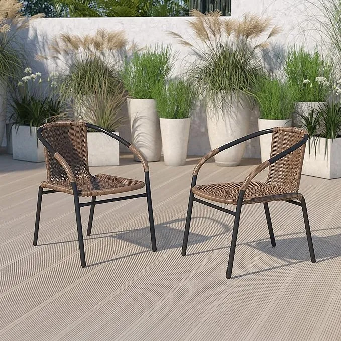 Flash Furniture 2 Pack Beige Rattan Indoor-Outdoor Restaurant Stack Chair