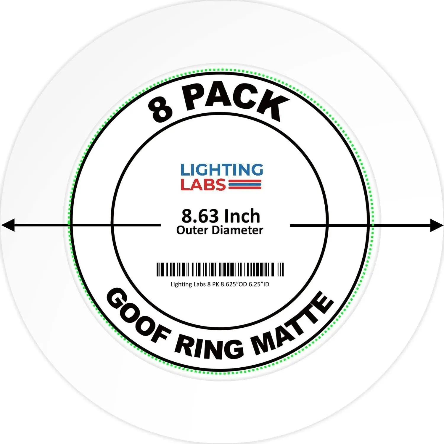 Lighting Labs 8 Pack Matte White Goof Trim Ring for 8" inch Recessed Can Lighting Down Light, Outer Diameter 8.6 Inches, Inner Diameter 6.2 Inches