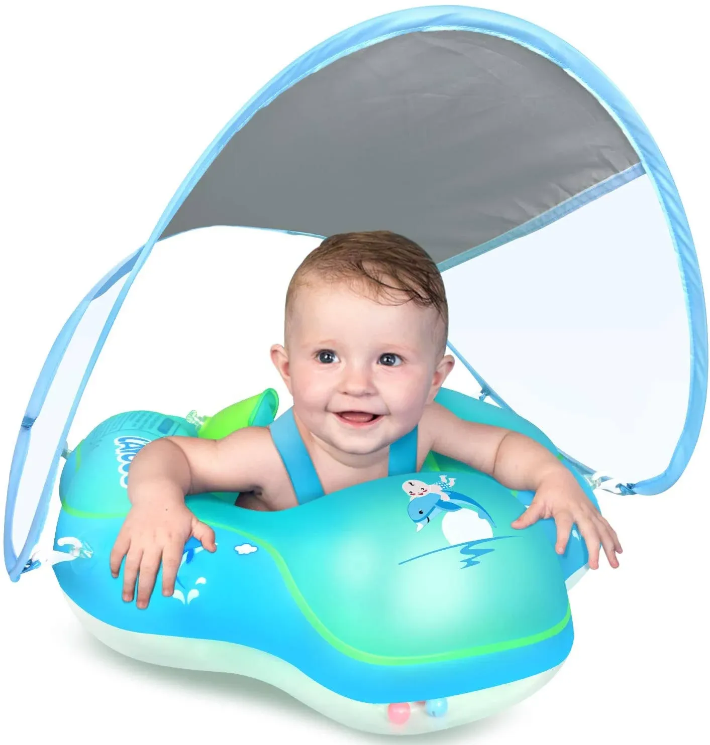 Laycol Baby Swimming Float Inflatable Baby Pool Float Ring Newest with Sun Protection Canopy,add Tail no flip Over for Age of 3-36 Months Blue Small