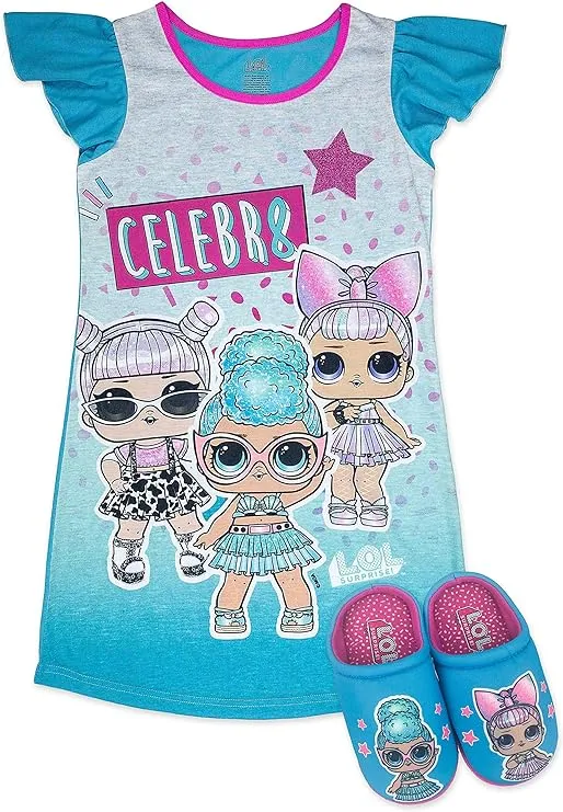 L.O.L Surprise! Girls Dorm Shirt with Slippers, Sizes 4-12, Girl's, Size: 7-8, Blue