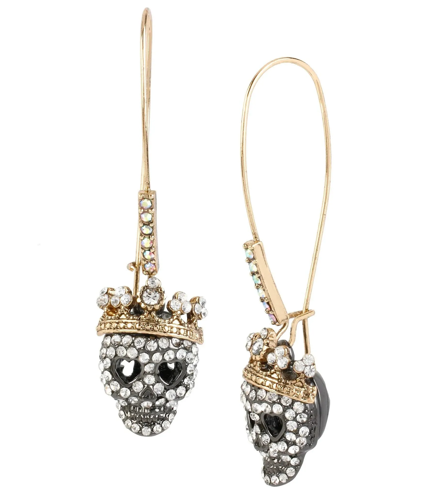 Betsey Johnson Two-Tone Pave Skull Long Drop Earrings