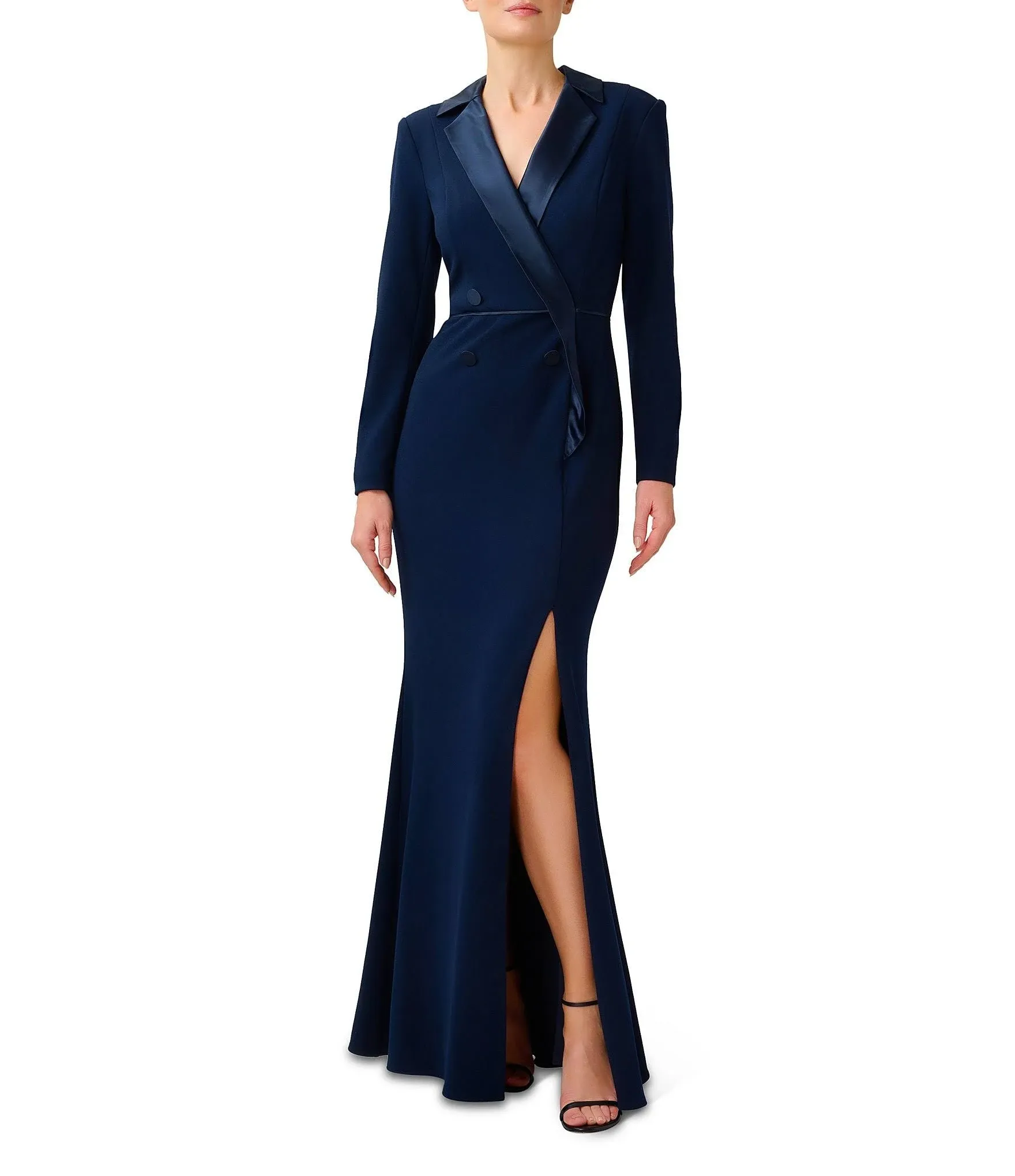 Adrianna Papell Crepe Long Sleeve Tuxedo Trumpet Gown - Midnight