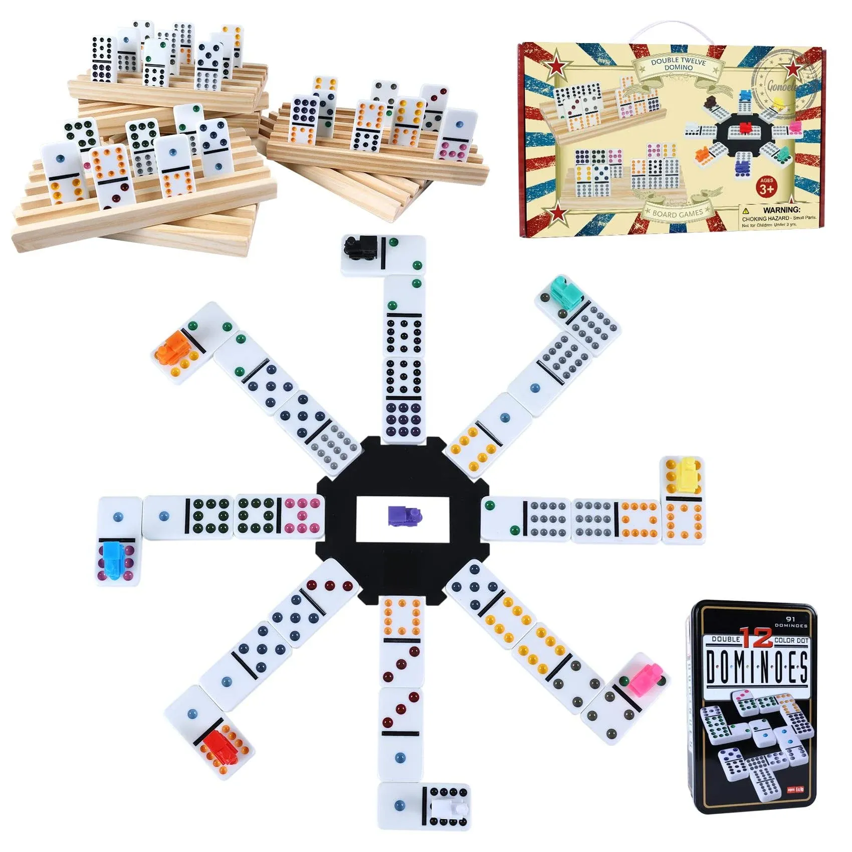  Mexican Train Dominoes Set with 8pcs Wooden Trays/Rack/Hol<wbr/>der, 91 Tiles 