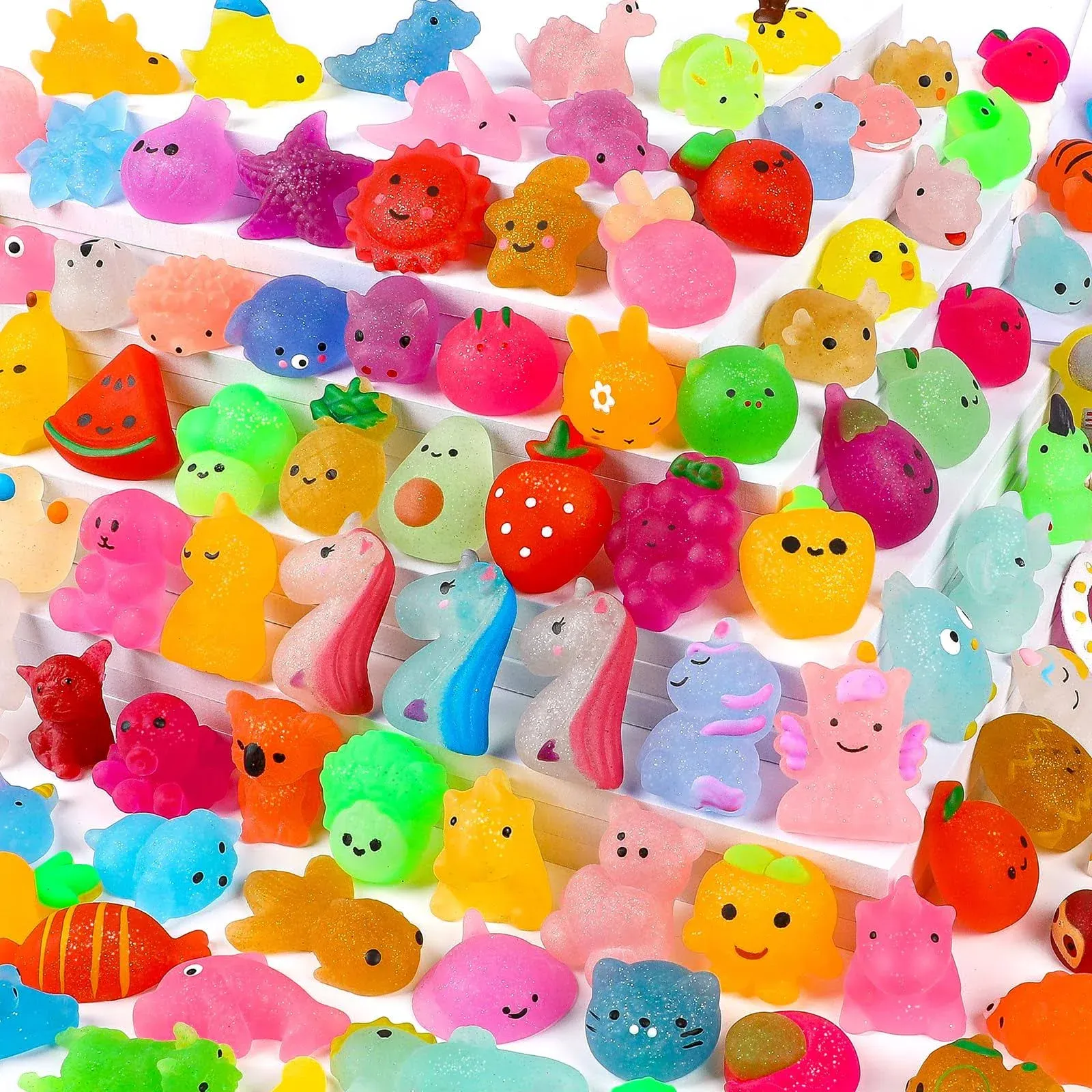 Squishies 120pcs Mochi Squishy Toys 3nd Generation Party Favors for Kids Glitter Mini Mochi Animal Squishies Stress Relief Toy Easter Egg Fillers Valentines Goodie Bags Birthday Gifts (Random)