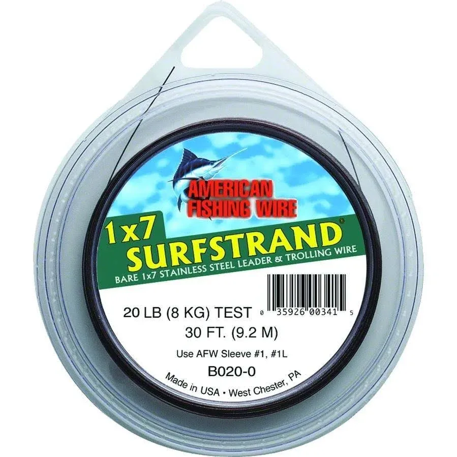 American Fishing Wire Surfstrand Bare 1x7 Stainless Steel Leader Wire - Fishing Leader Line for Saltwater, 20lb Test - 325lb Test in Bright, Camo in 30ft, 300ft, 600ft and 1,000ft Lengths