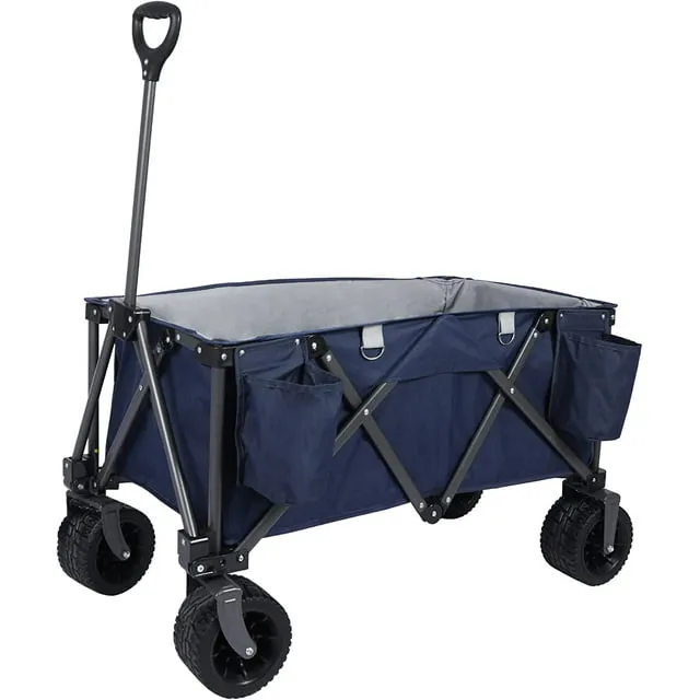 REDCAMP Folding Wagon Cart with Extra Wide Wheels, 145L Heavy Duty Collapsible Utility Beach Wagon for Sand, Blue