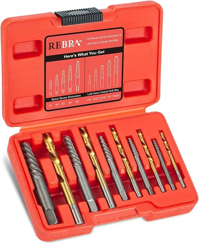 Rebra Screw Extractor and Left-Hand Drill Bit Set, Easy Out Broken Bolt Remover Reverse Cobalt HSS Steel Drill Kit, EZ Out Stripped, Rounded-Off,