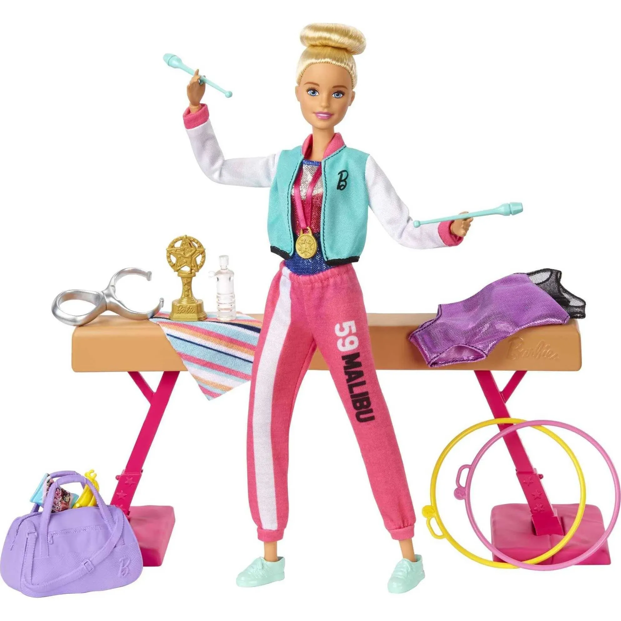 Barbie Gymnastics Playset with Doll and 15+ Accessories, Twirling Gymnast Toy with Balance Beam, Blonde Doll