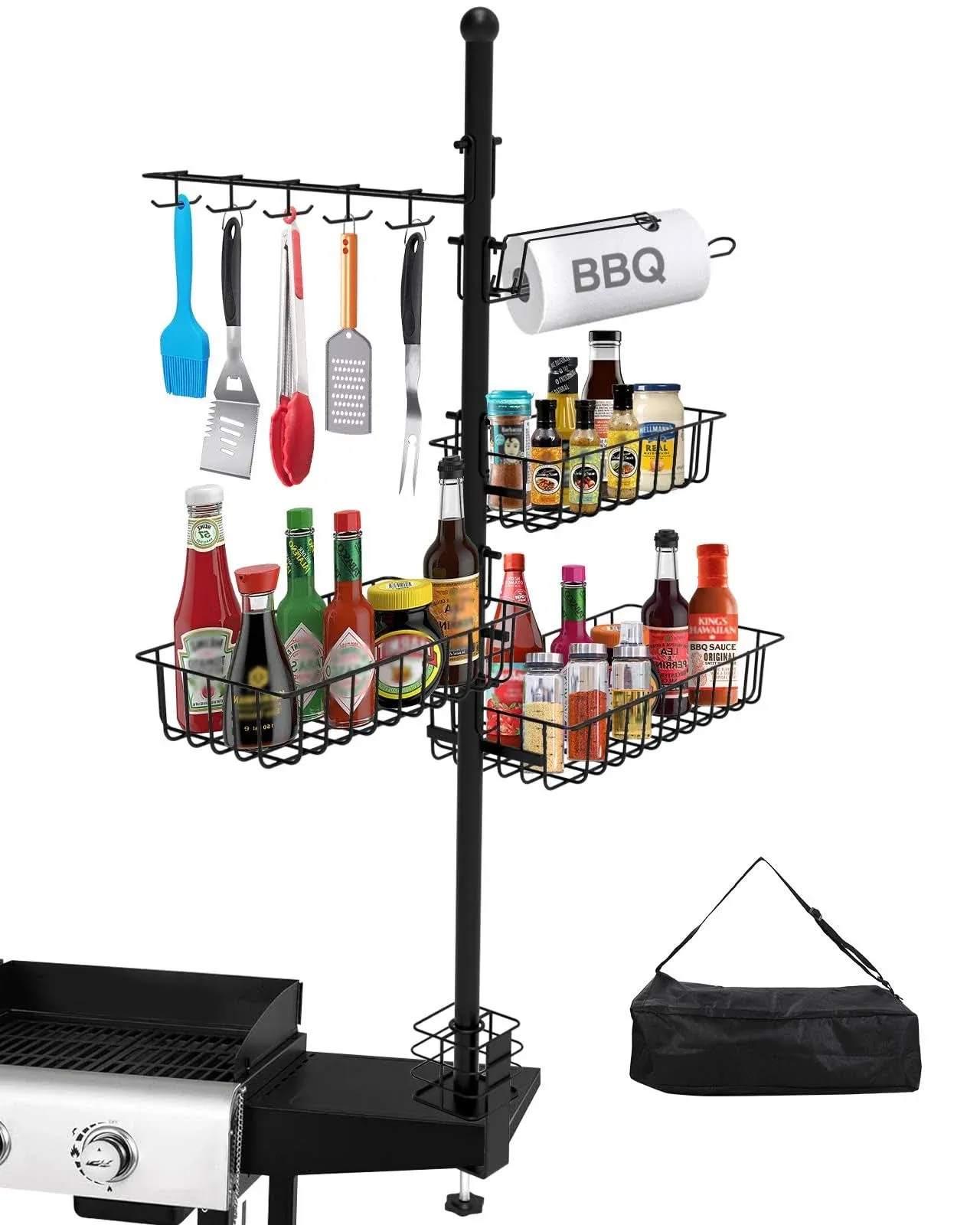 Griddle Caddy for Blackstone Griddle Accessories, BBQ Accessories Storage Rack with Paper Towel Holder, Grill Accessories Organizer with Storage Bag for Outdoor Kitchen, Gifts for Men