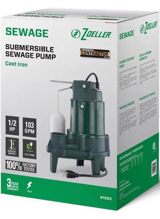 Zoeller 1/2 HP 6000 gph Cast Iron Vertical Float Switch Submersible Sewage Pump