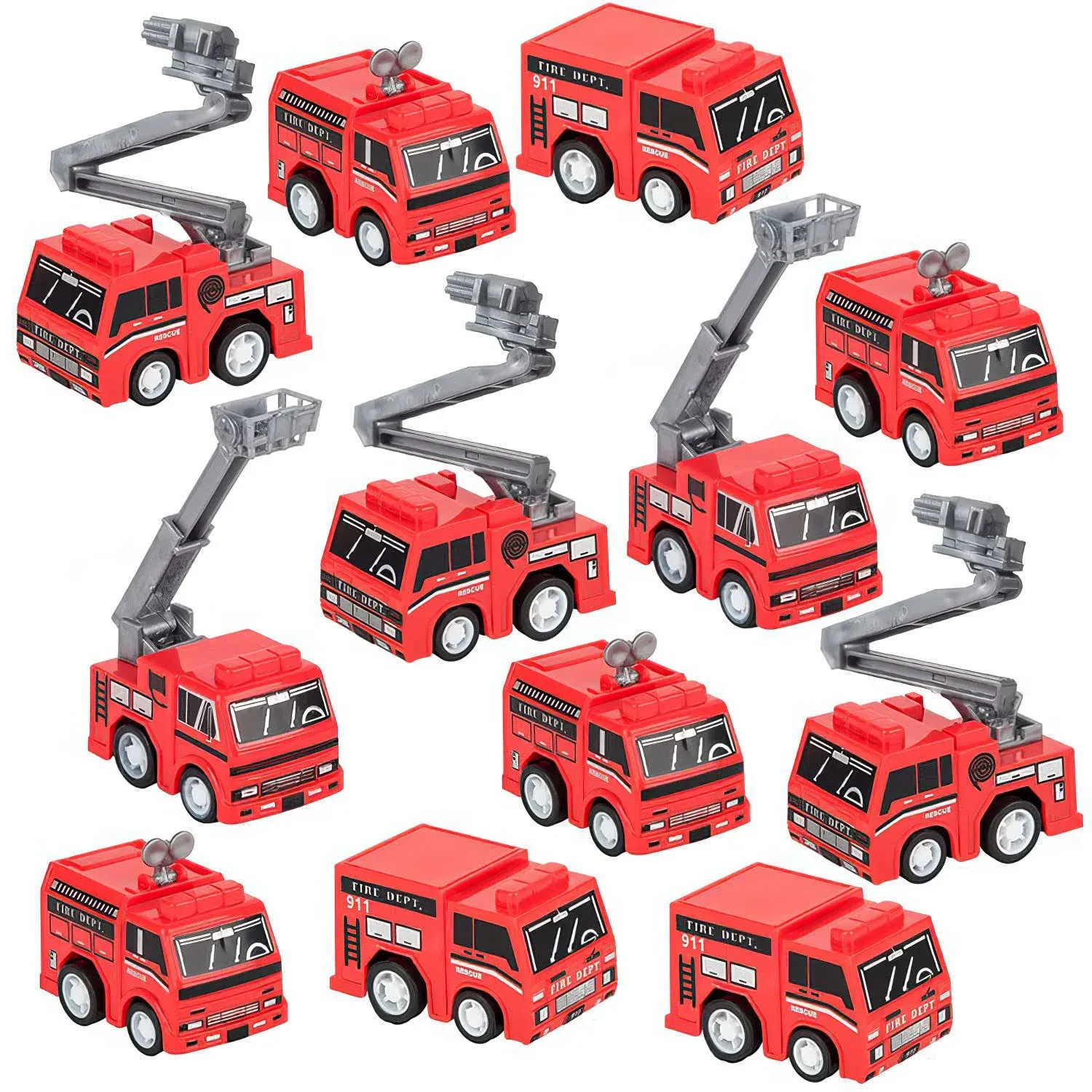 Mini Pullback Fire Engine Toy Trucks, Bulk Pack of 24, Firefighter Birthday Party Supplies and Favors, Firetruck and Fireman Favors and Goodie Treat Bag Fillers for Kids Ages 3+