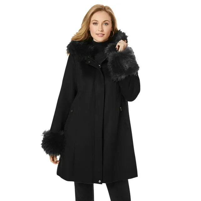 Jessica London Women's Plus Size Hooded Faux Fur Trim Wool Coat