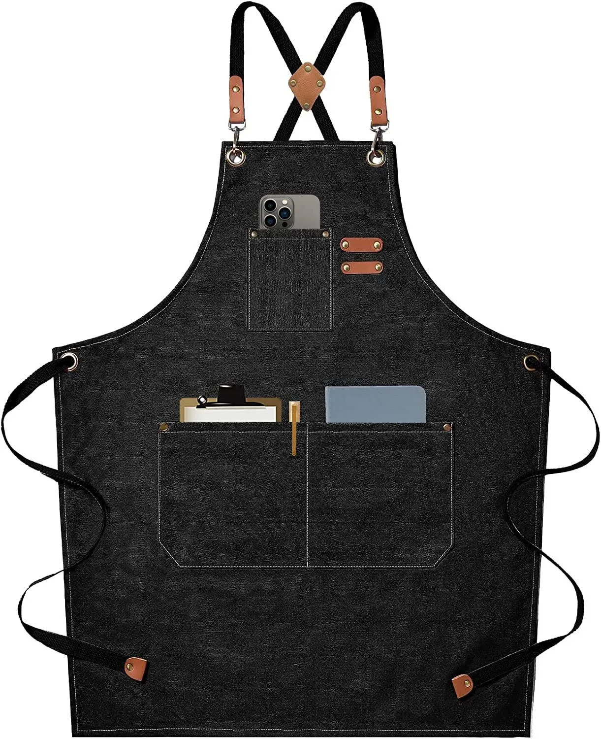 AFUN Chef Aprons for Men Women with Large Pockets, Cotton Canvas Cross Back Heavy Duty Adjustable Work Apron, Size M to XXL (Brown)