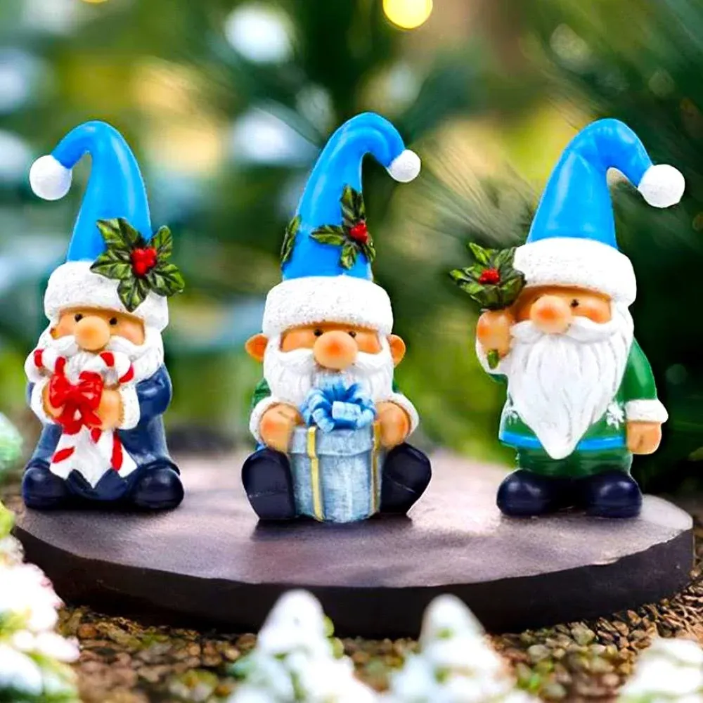 Sky Blue Hat Festive Holiday Gnome Set of Three Miniature Christmas Tabletop Figurine Statues