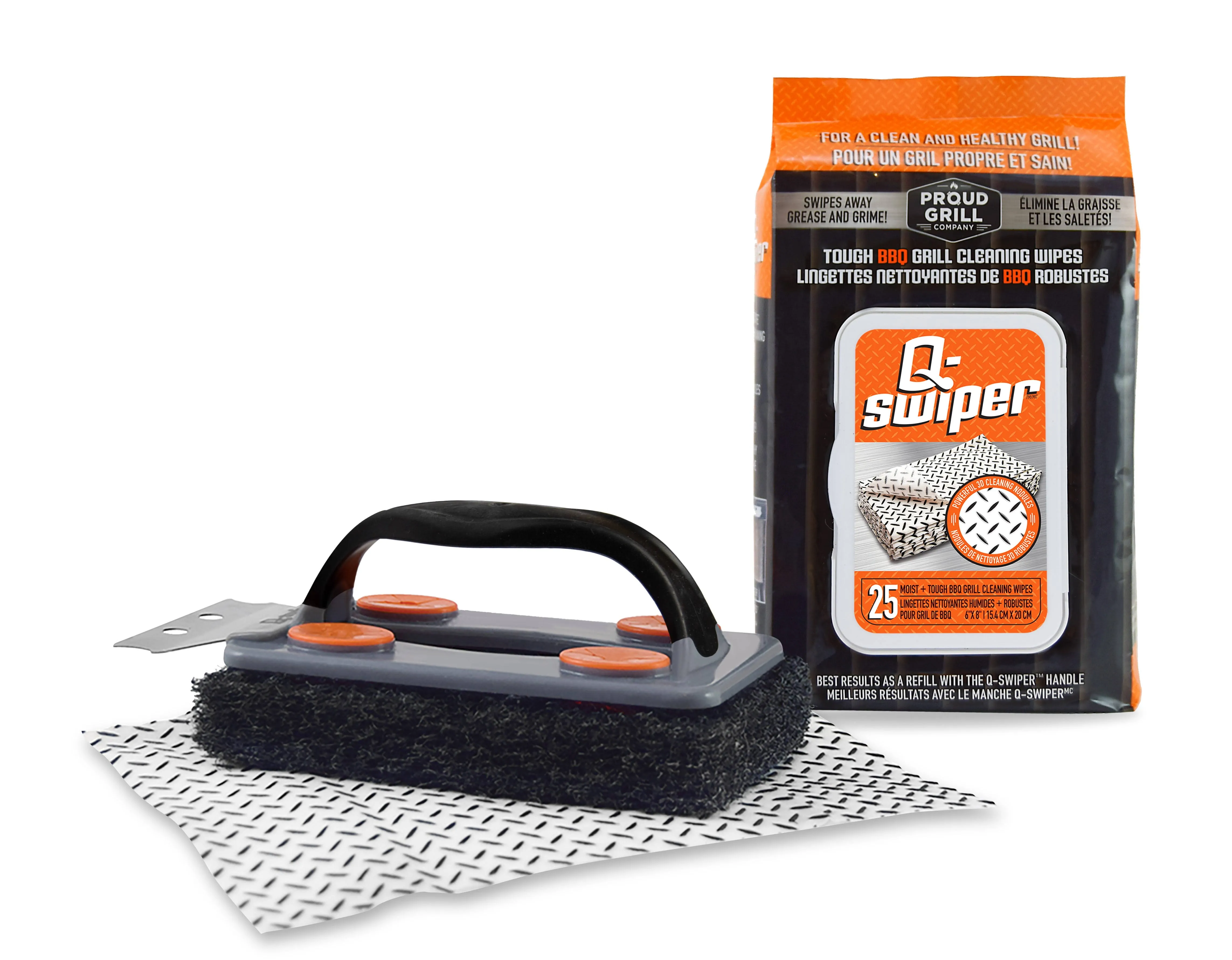 Q-Swiper BBQ Grill Cleaner Set - 1 Grill Brush with Scraper and 25 BBQ Grill Cleaning Wipes | No Bristles & Wire Free | Safe Way to Remove Grease and Grime for A Clean and Healthy Grill!