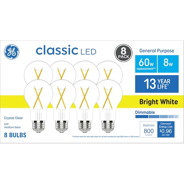 GE 60-Watt EQ A19 Bright White Medium Base (E-26) Dimmable LED Light Bulb (8-Pack)