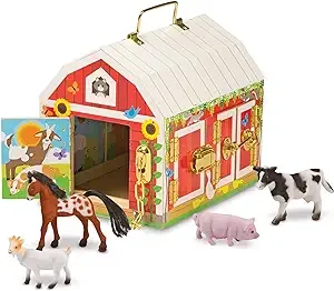 Melissa & Doug Latches Wooden Activity Barn with 5 Doors, 4 Play Figure Farm Animals