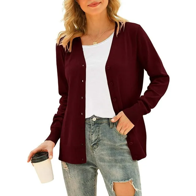 Anyjoin Women s Long Sleeve Button Down Sweater Classic V-Neck Knit Cardigan