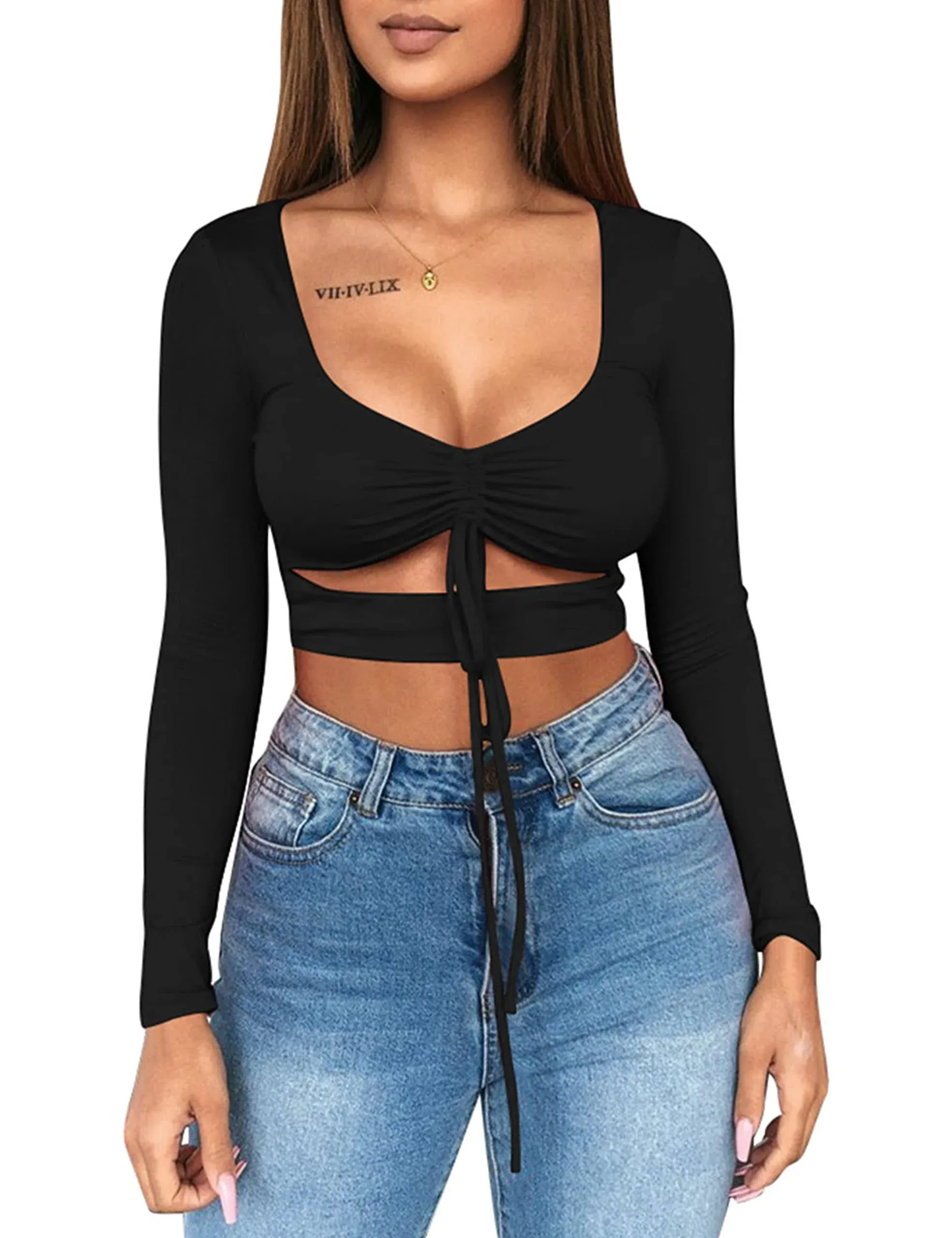 Mizoci Women's Sexy Ruched Tie Up Crop Top Basic Long Sleeve Cut Out T Shirt