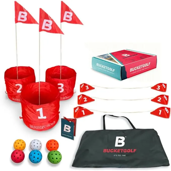 BucketGolf Game 3 Hole Starter Set - New Outdoor Yard Golf Game Levels Family, Adults, Kids, Party, Lawn, Camping, Beach.