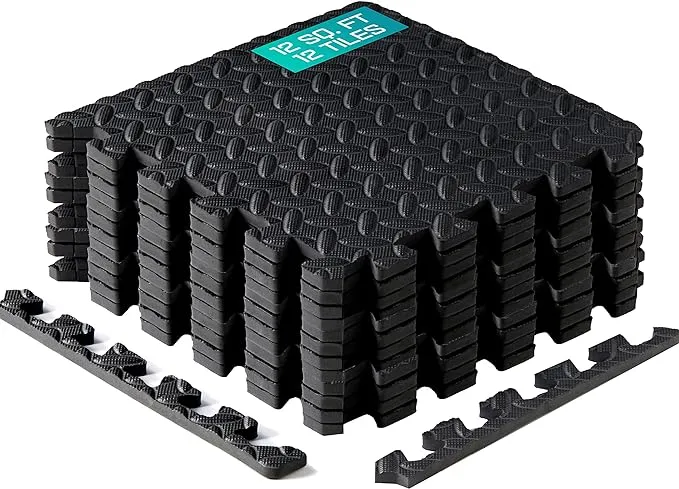 Yes4all Interlocking Exercise Foam Mats with Border, 12 Sq ft, Black