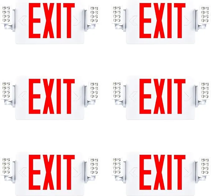 Sunco 6 Pack Red Exit Signs With Emergency Lights, Two Adjustable LED Lights, 94V-0 Fire Resistant, Backup Battery, 120-277V, Wall Or Ceiling Mount, Commercial Grade Double Sided UL