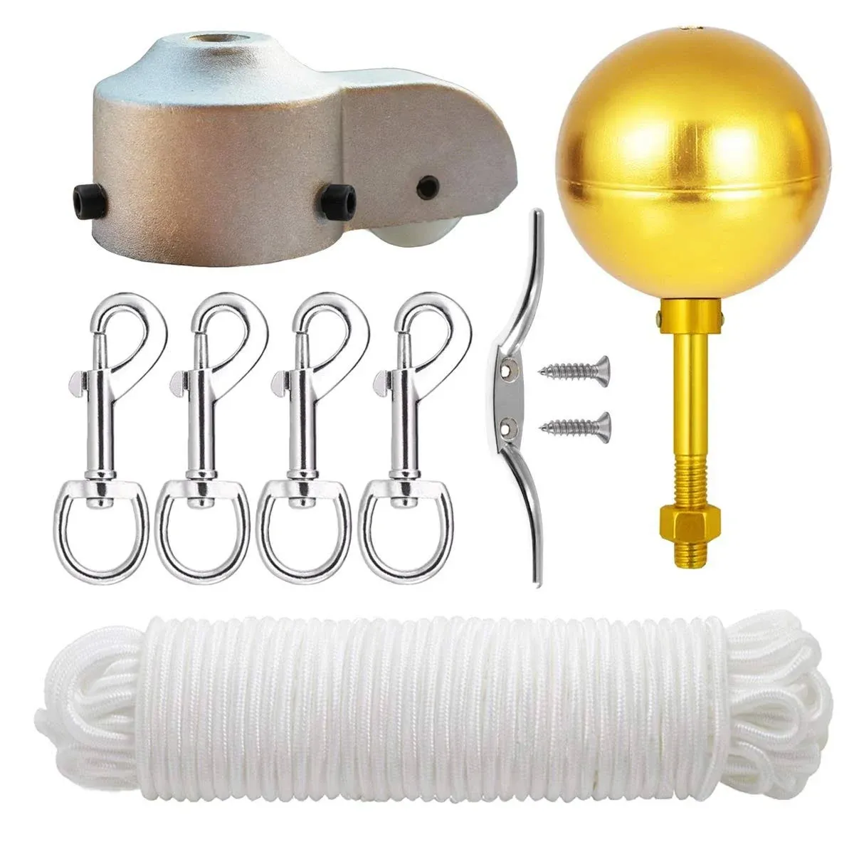 EKEV Flag Pole Repair Kits, 3" Topper Gold Ball + 50 Ft Halyard Rope + 6" Cleat Hook + 4 Flag Swivel Snap Hooks + Flagpole Pulley Truck for 2.5" OD Tube