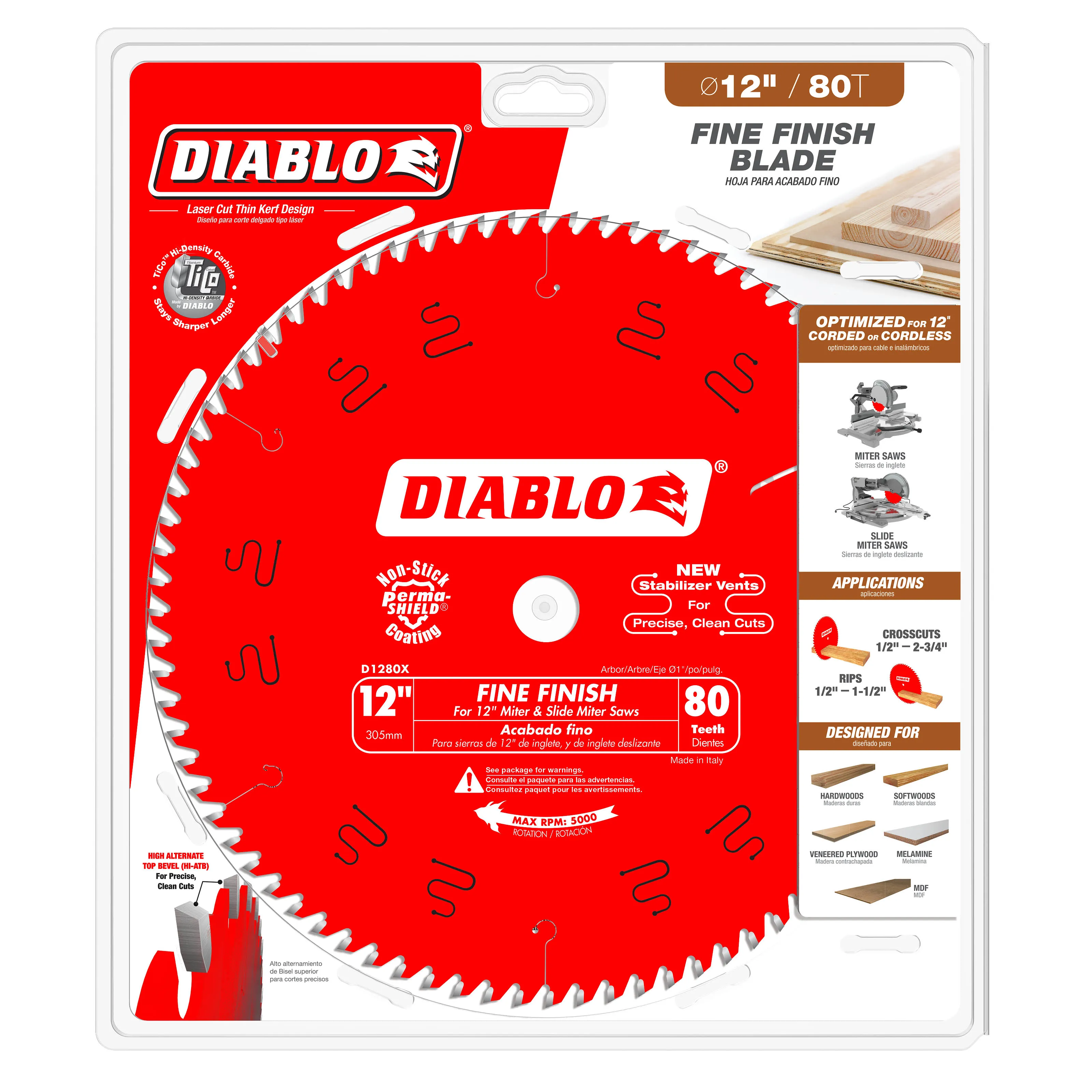 Diablo D1280X 12-Inch 80T Diablo Fine Finish Work Chop/Slide Miter Saw Blade ...