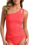 Island Goddess Ruched One-shoulder Tankini Top In Guava