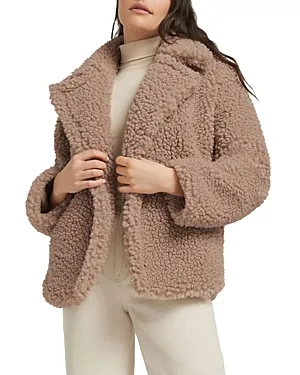 Shop Ugg Gertrude Short Teddy Coat In Putty