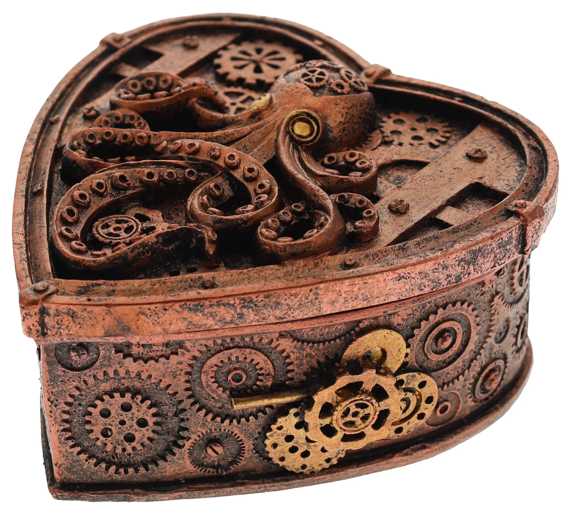  Steampunk Octopus Heart Shaped Small Trinket Stash Jewelry Box Rustic Copper