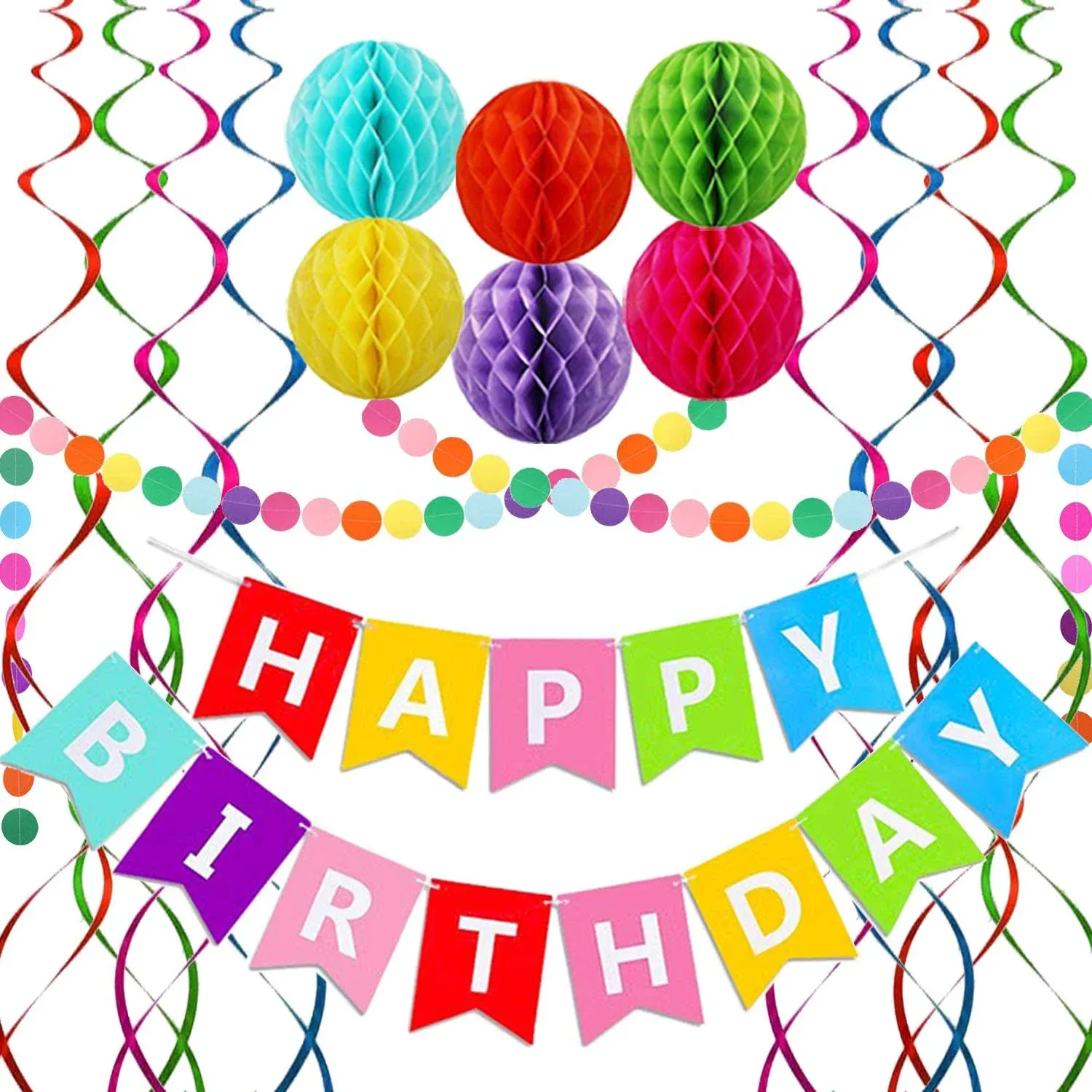 ALLFUN Happy Birthday Banner, Rainbow Birthday Banner, 6 Honeycomb Balls, 8 ...