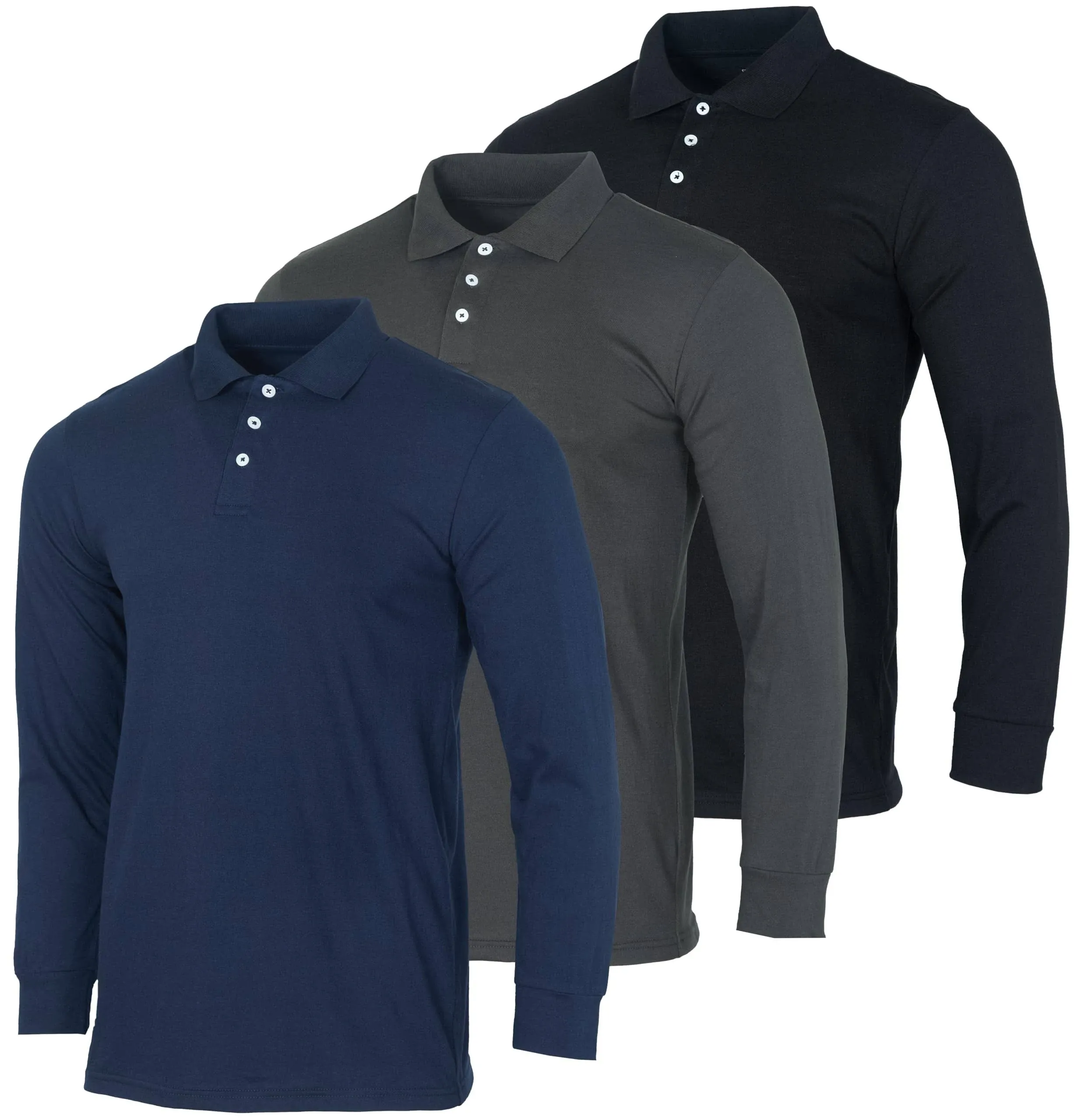 Real Essentials 3 Pack Men's Cotton Jersey Long-Sleeve Polo Shirt - Casual Workwear Office (Available in Big & Tall)