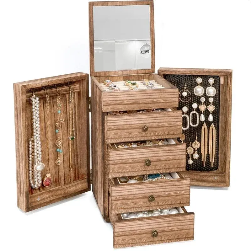 Meangood Jewelry Box Wood for Wowen, 5-Layer Large Organizer Box with Mirror &amp; 4