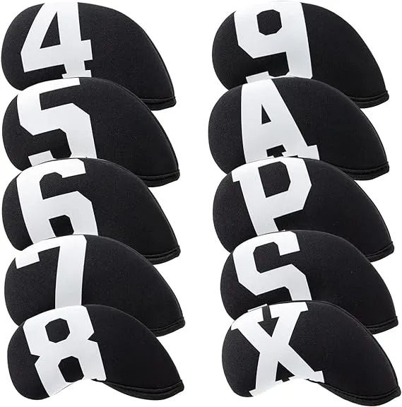 Big Number Neoprene Golf Iron Covers Set - 10pcs Golf Club Head Covers for Irons - Golf Club Case Headcovers (Black or White Base)