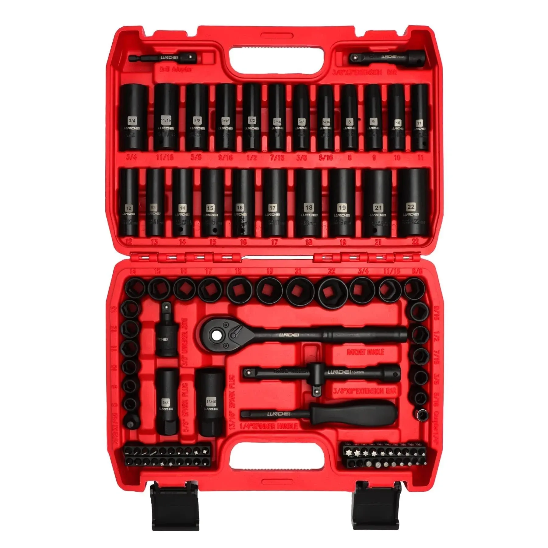 LLNDEI 3/8”Drive Impact Socket Set,Standard SAE(5/16 to 3/4-Inch) Metric Size(8-22mm), 95 Piece, CR-V Steel Deep&Shallow Kit, Adapters, Ratchet Handle, Screwdriver Bit Set, Spark Plug Socket, 6 Point