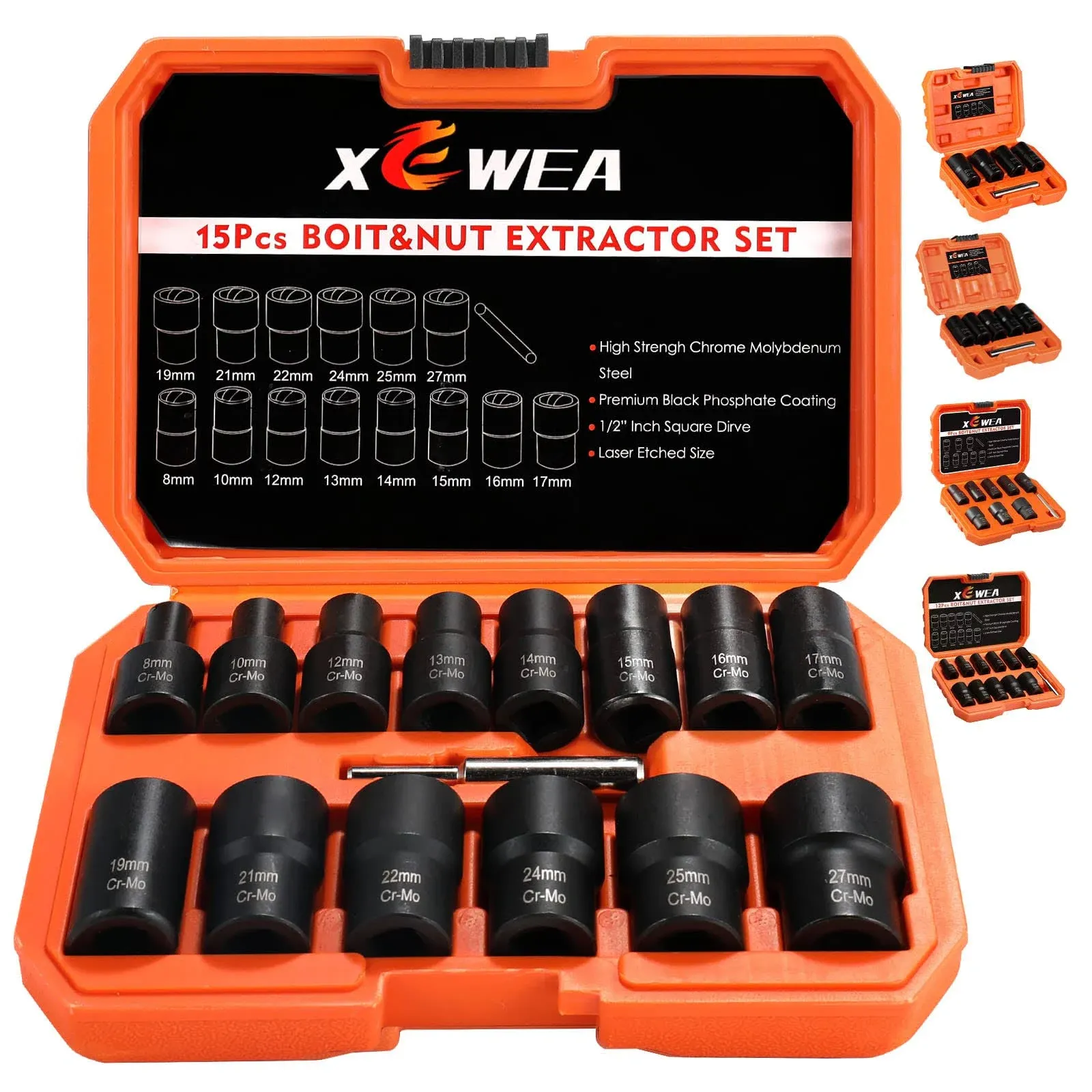 XEWEA Bolt Extractor Set, 15pcs Lug Nut Removal Tools Twist Extractor Socket Set for Damaged, Frozen,Studs,Rusted, Rounded-Off B