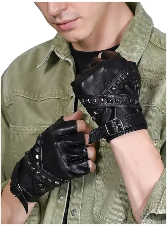 FIORETTO Men Genuine Leather Fingerless Gloves Punk Half Finger Gloves Unlined Sheepskin Gloves for Driving Motorcycle M16519