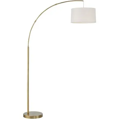 360 Lighting Cora Modern Arc Floor Lamp Standing 72" Tall Brass Metal White Linen Drum Shade Decor for Living Room Reading Bedroom Office House Home