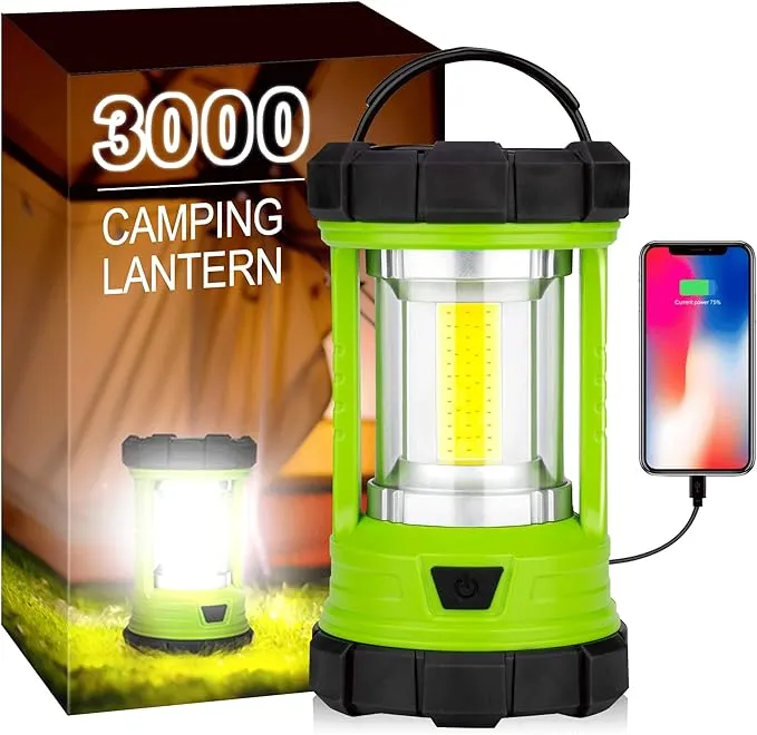 Camping Lantern, 3000LM LED Rechargeable Battery Operated Lantern, 5 Light Modes, COB Waterproof Lantern Flashlight, Camping Light for Power Outage, Hurricane, Survival, Hiking