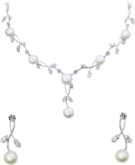 Faship Gorgeous CZ Crystal Freshwater Pearls Floral Necklace Earrings Set, Women's, Clear