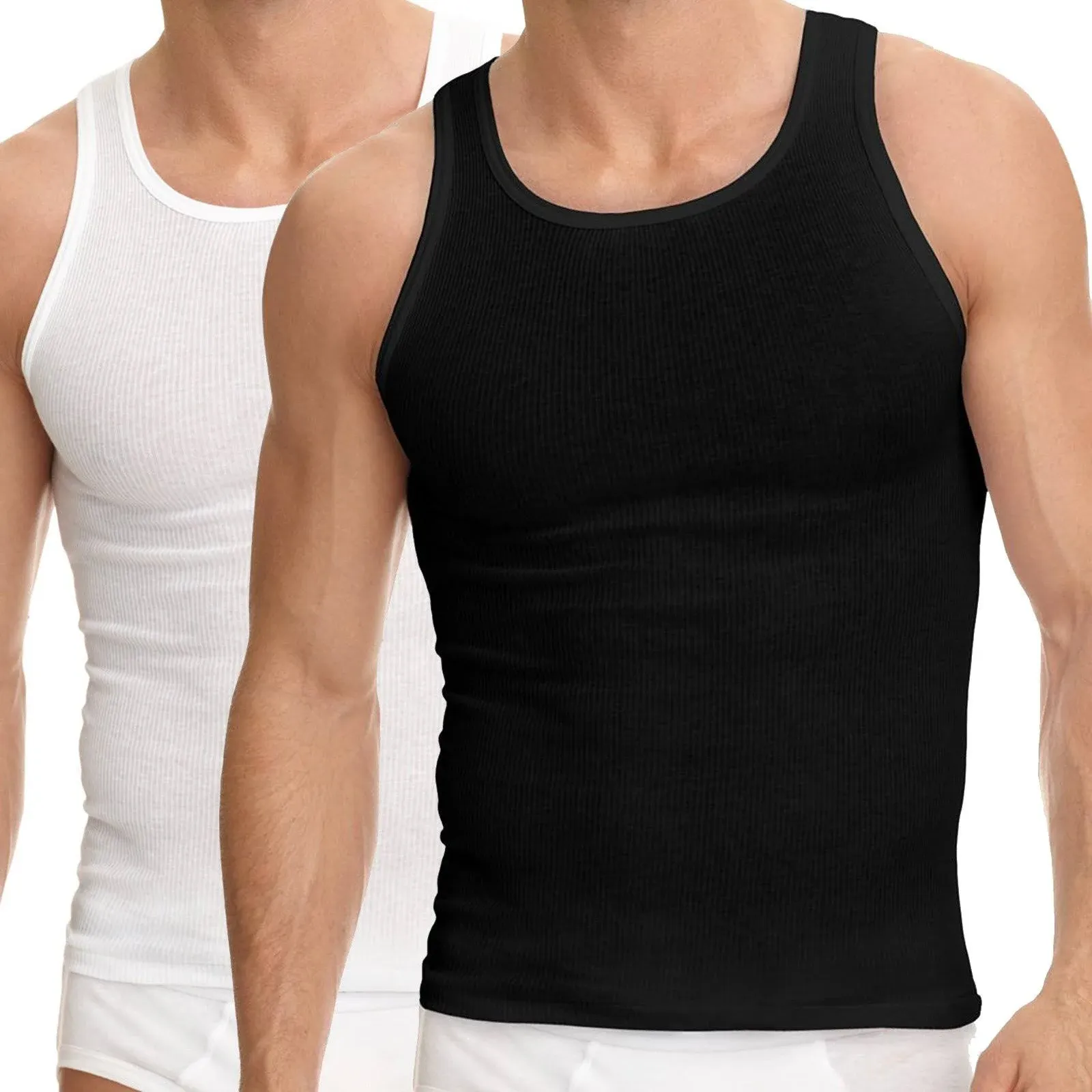 Mens 100% Cotton Tank Top A-Shirt Wife Beater Undershirt Ribbed Black and White 6 Pack