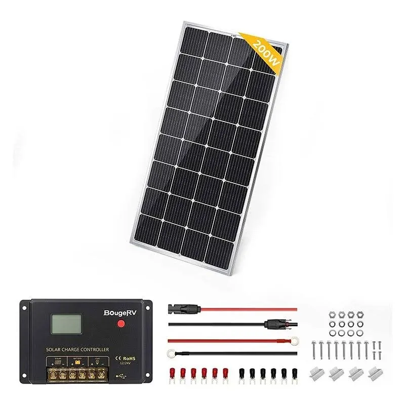 BougeRV 200 Watt Solar Panel Starter Kits, 9BB Mono Include 30A 12V/24V PWM Negative Ground Solar Controller, Solar Cables, and Mounting Z-Brackets for Off-Grid Life and Camping (200W*1)