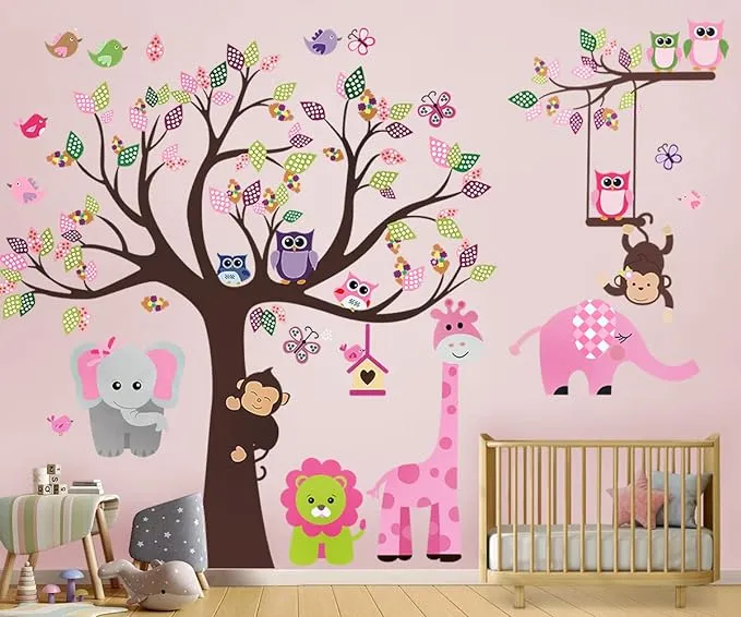 DEKOSH Kids Pink Jungle Theme Peel & Stick Girl Nursery Wall Decal