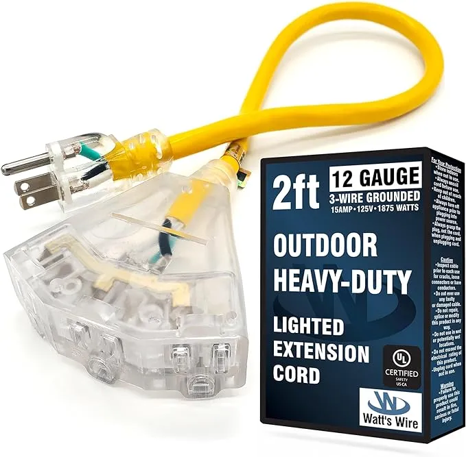 2 ft - 12 Gauge Heavy Duty Extension Cord - 3 Outlet Lighted SJTW - Indoor/Outdoor Extension Cord by Watt's Wire - 2' 12-Gauge Grounded 15 Amp Extension Cord Splitter