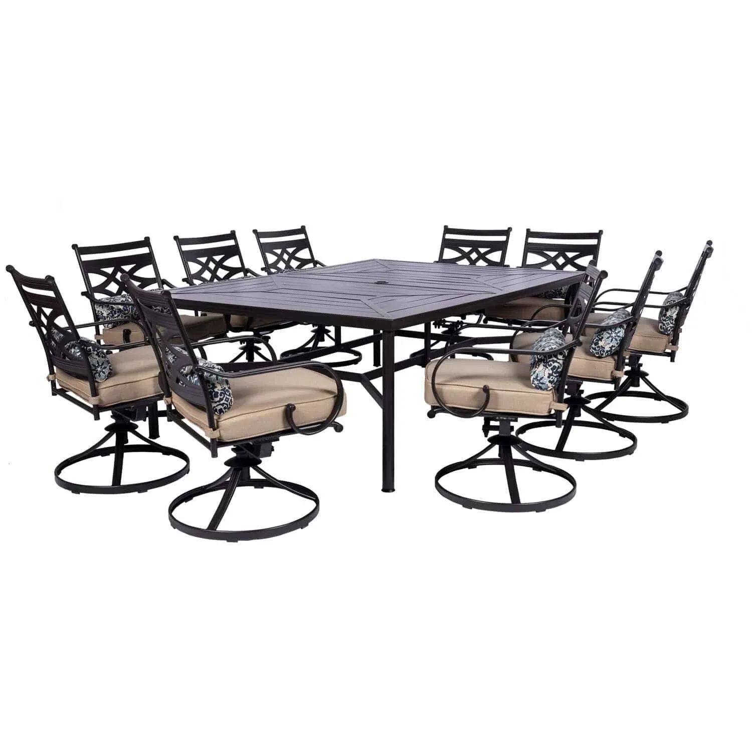 Hanover Montclair 11-Piece Brown Patio Dining Set Steel Rectangle Table with 10 Tan Cushions Swivel Chairs Lowes.com