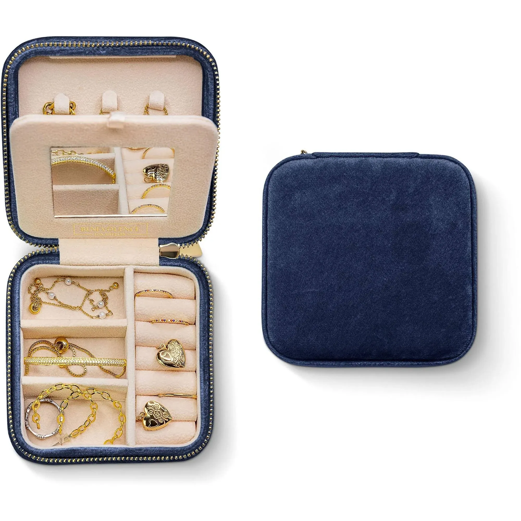 Benevolence La Plush Velvet Square Travel Jewelry Box with Mirror- Navy Blue