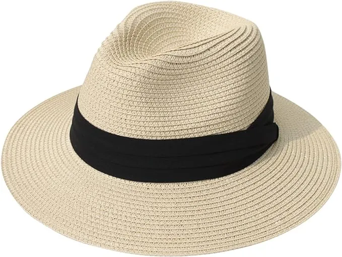 Lanzom Women Wide Brim Straw Panama Roll up Hat Fedora Beach Sun Hat Upf50+